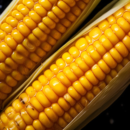 Fresh corn on a black background. Close-up. Selective focusの素材