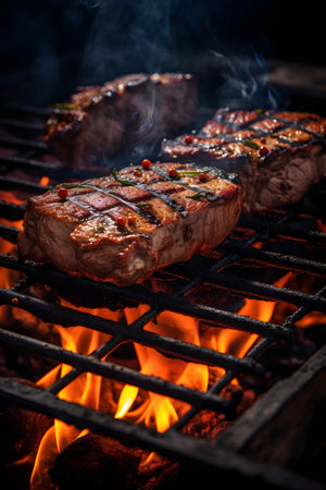 Steak on a barbecue grill with flames and smoke. Toned.の素材