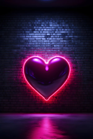 Neon heart on brick wall background. Valentine's day concept. 3D Renderingの素材