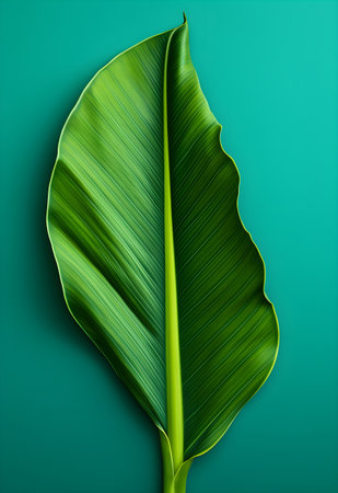 Banana leaf on a green background. Minimalistic design.の素材