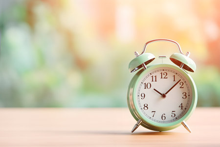 Green alarm clock on wooden table and nature bokeh background.の素材