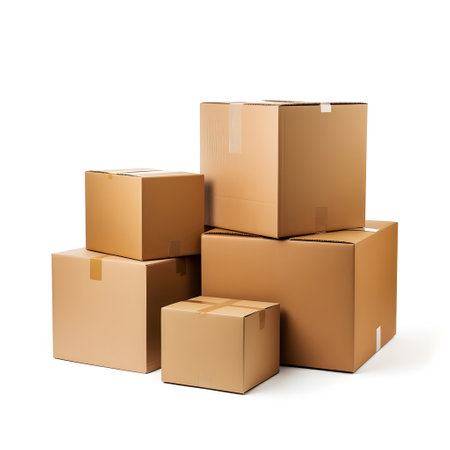 Stack of cardboard boxes isolated on white background. 3D illustration.の素材