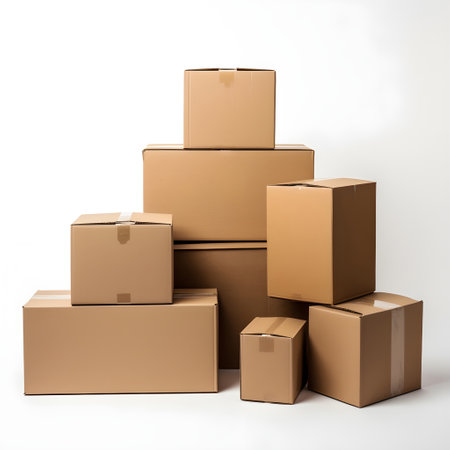 Pile of cardboard boxes on white background. 3D illustration.の素材