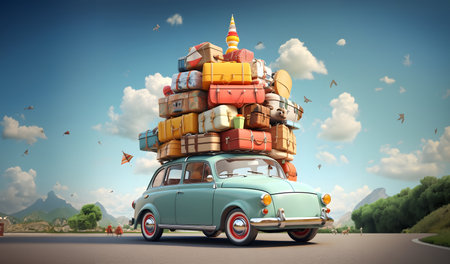 Vintage car carrying a lot of luggage on the roof.の素材