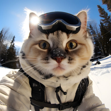 Portrait of a cat wearing ski suit and goggles on a sunny winter dayの素材
