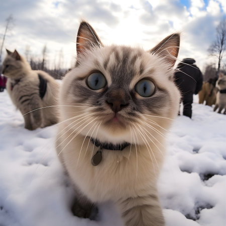 Cute cat in the snow on the background of a flock of dogsの素材