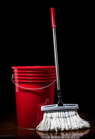 Cleaning tools on black background. Bucket, mop and broomの素材