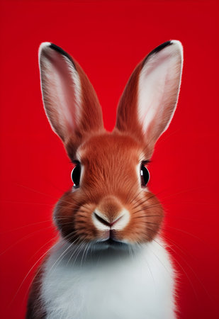Cute red rabbit on a red background. Easter bunny on a red background.の素材