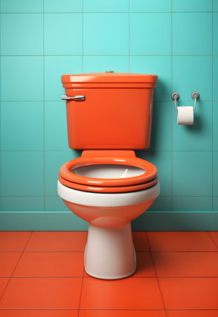 A toilet in a bathroom with orange and blue tilesの素材