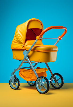 Yellow baby stroller on a blue background.の素材