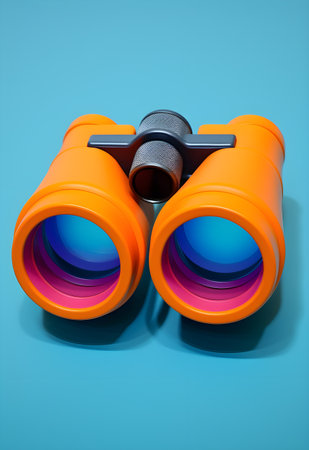 Orange binoculars on a blue background.の素材