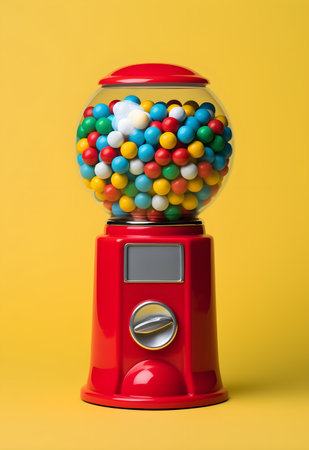 Colorful gumball machine on yellow background. Minimal concept.の素材
