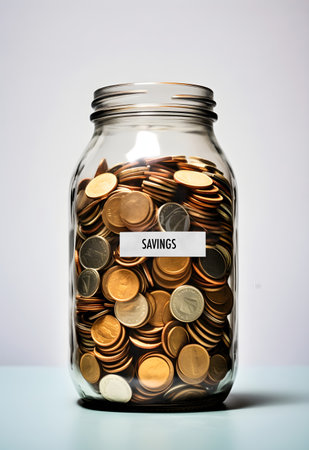 Coins in a glass jar with savings label. Business and financial concept.の素材