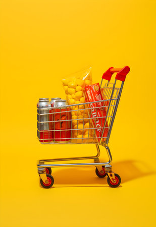 Shopping cart full of food on yellow background. Food delivery conceptの素材