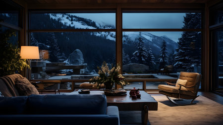 Interior of a modern living room with a view of the mountainsの素材