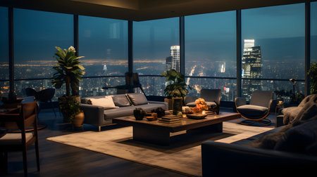 Luxury living room interior with panoramic city view.の素材