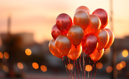 Bunch of red and orange balloons on the background of the cityの素材