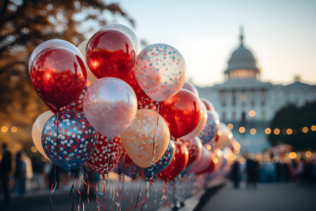 Colorful balloons on the background of the United States Capitol in Washington DCの素材