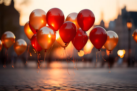 Red and white balloons flying in the city at sunset. Concept of celebration.の素材