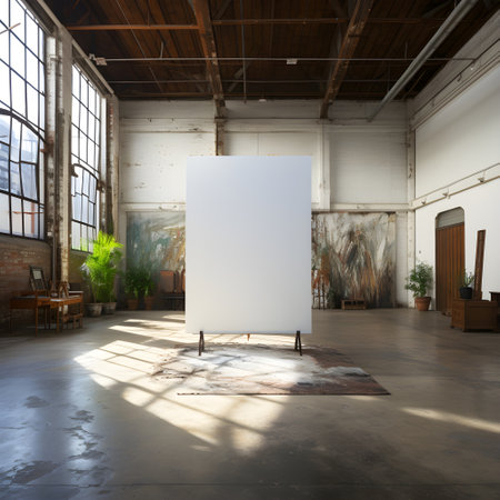 Blank white canvas in artists industrial loft studio interior.の素材
