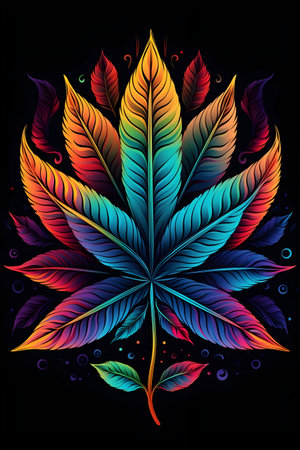 Colorful leaves of marijuana on a black background. Vector illustration.の素材