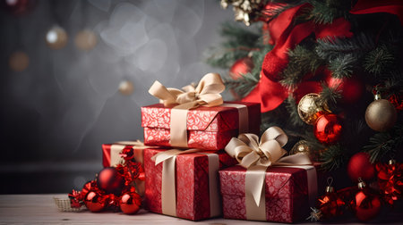 Christmas background with Christmas tree and gift boxes on bokeh backgroundの素材