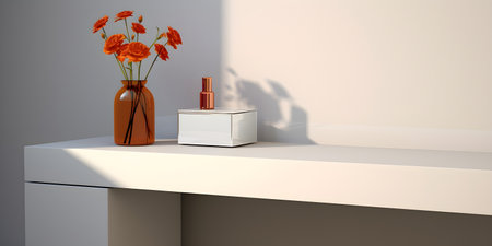 White shelf with a bottle of perfume and flowersの素材
