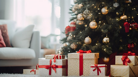 Beautiful Christmas tree with gifts in the living room at home.の素材