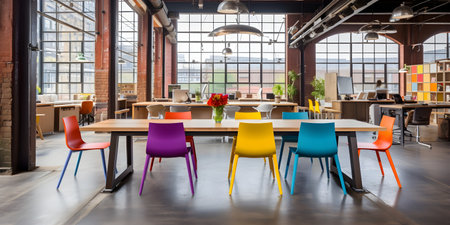 Modern office interior with colorful chairs and tables. Modern office space.の素材
