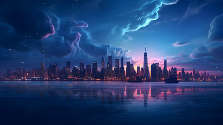 Skyline of a reimagined  New York city at night with clouds in the skyの素材