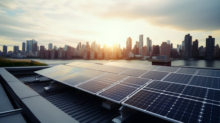 Solar panels on the roof of a modern office building with the city skyline in the backgroundの素材