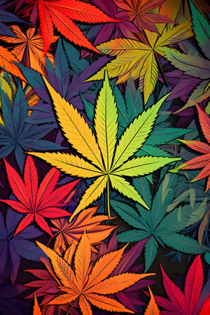 Cannabis leaf background. Colorful cannabis leaves.の素材