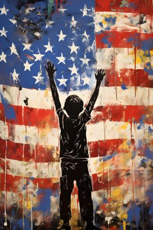 Silhouette of a child with the American flag in the backgroundの素材