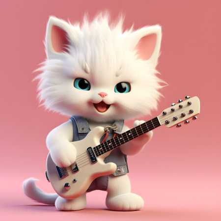 Cute white kitten with guitar on pink background. 3D rendering.の素材