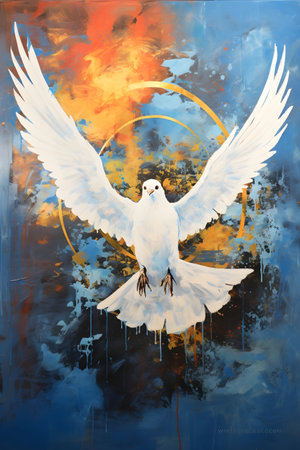 White dove on a blue background with a pattern in the style of an oil paintingの素材