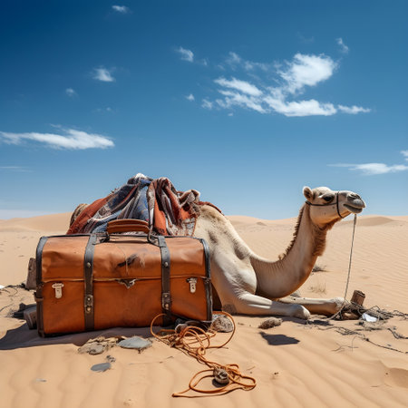 Camel in the desert with a suitcase and a cable on the sandの素材