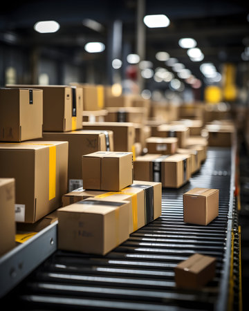 Boxes on conveyor belt in warehouse, shallow depth of fieldの素材