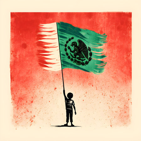 Child holding a flag of India in front of his head.の素材