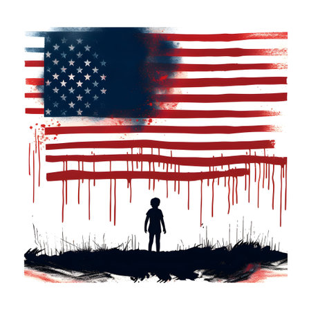 Silhouette of a boy standing in front of the American flagの素材