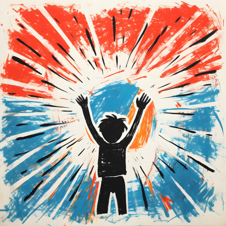 Happy boy with raised hands on a grunge South Korea background. Vector illustration.の素材