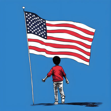Little boy with the American flag in his hand.の素材