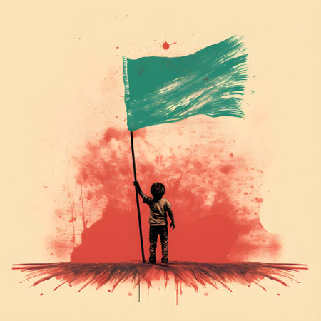Silhouette of a boy holding a flag on a grunge background.の素材
