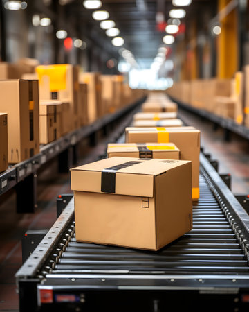 Boxes on conveyor belt in warehouse. Cargo freight transportation and distribution warehouse.の素材