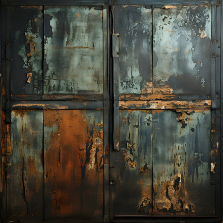 Rusty metal door, grunge background. 3d illustration.の素材