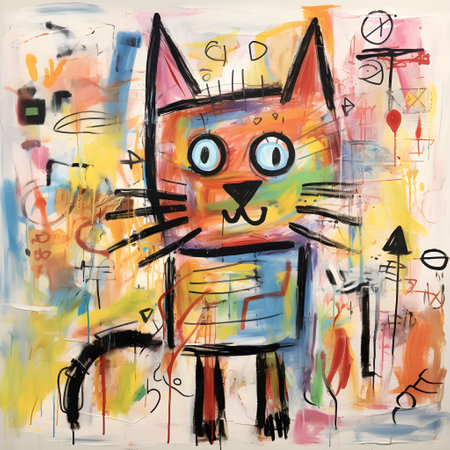 Child's Colorful drawing of a cat in the street, hand-drawn illustrationの素材