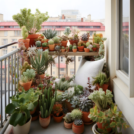 Cactuses and succulents in pots on the balcony.の素材