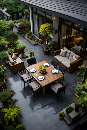 Luxury terrace with table and chairs in a restaurant.の素材
