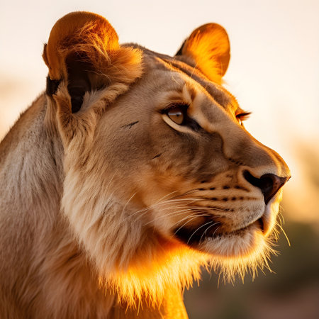 Profile of a beautiful Lion at sunsetの素材
