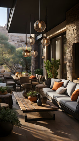 Outdoor living space with stylish furniture, sofa and tablesの素材