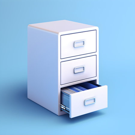 A white filing cabinet with open drawer on blue backgroundの素材